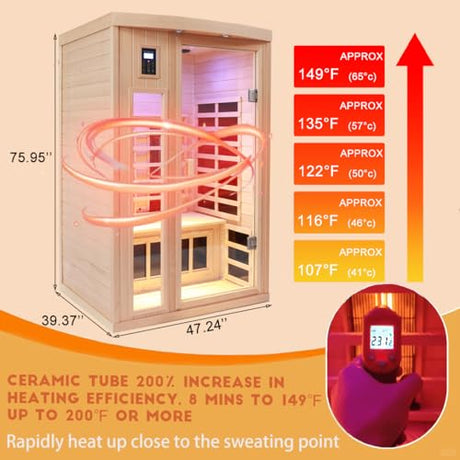KUNSANA Ceramic Infrared Sauna, 2 Person Infrared Saunas for Home, Hemlock Wood Sauna Room, 2 in 1 Indoor Sauna with Low EMF Heaters + Ceramic Heating Cubes-Chromotherapy-Bluetooth Speaker KUNSANA