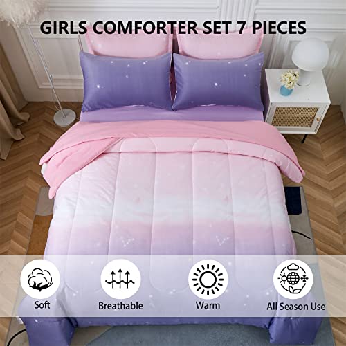 Dinjoy Girls Women Comforter Set King Size Ombre Pink Purple Rainbow Bedding Set 7 Pieces Bed in A Bag for Teen Adult (1 Comforter, 1 Flat Sheet, 1 Fitted Sheet, Pillow Shams & Pillowcases) Dinjoy