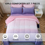 Dinjoy Girls Women Comforter Set King Size Ombre Pink Purple Rainbow Bedding Set 7 Pieces Bed in A Bag for Teen Adult (1 Comforter, 1 Flat Sheet, 1 Fitted Sheet, Pillow Shams & Pillowcases) Dinjoy