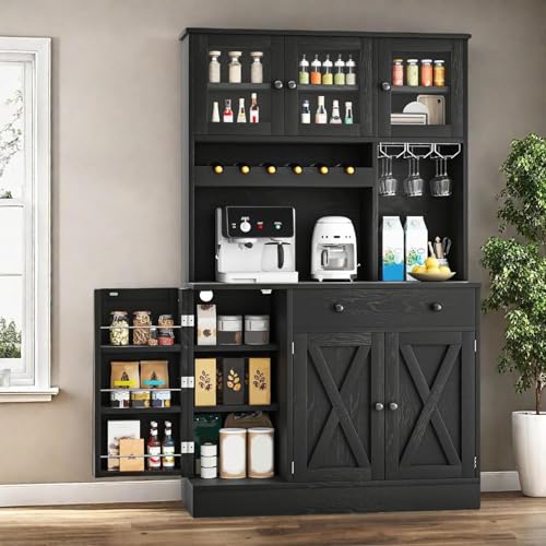 YITAHOME 71''H Kitchen Pantry Cabinet with Drawer, Doors, Goblet Holder, Wine Rack for Storage, Tall Cabinet with Power Outlet for Kitchen & Living Room (Black Oak) YITAHOME