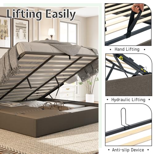 Jocisland King Size Lift Up Storage Bed Frame, Linen Upholstered Platform Bed with Vertical Channel Tufted Headboard and Wingback, Hydraulic System, No Box Spring Needed, Wood Slats Support, Dark Gray Jocisland