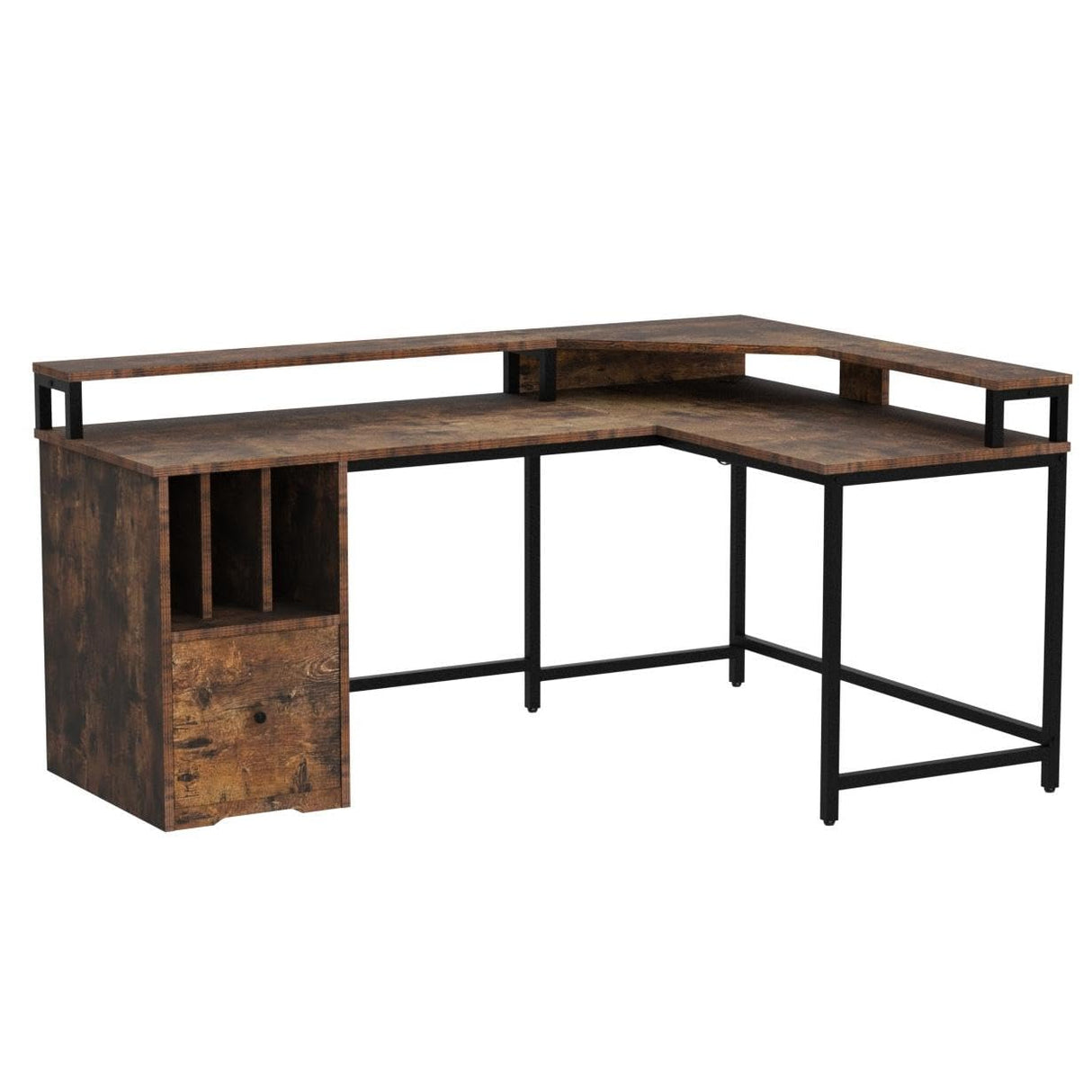 YITAHOME L Shaped Desk with Power Outlets & LED Lights, 67" Computer Desk with File Drawer, Corner Desk Home Office Desk with Monitor Stand & 3 Cubbies Storage Shelves, Rustic Brown YITAHOME