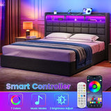 Driftalia Lift Up King Size Bed Frame with Storage, Upholstered King Bed Frame with Charging Station and LED Lights Headboard, No Box Spring Needed, Easy Assembly - Dark Grey Driftalia