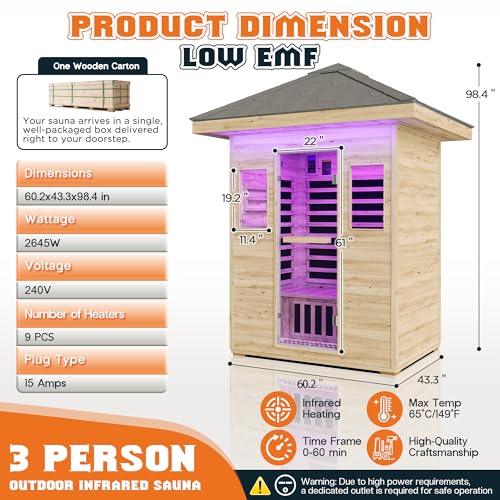 Albott Outdoor Sauna 3 Person, Infrared Saunas for Home, Low EMF 2645W/240V/15A Spruce Wood Dry Sauna with Tourmaline Stone Foot Warmer, 7-Color Light Therapy & 2 Bluetooth Speakers, 60.2"x43.3"x98.4" Albott