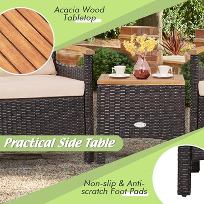 Tangkula 3-Piece Patio Furniture Set, Patiojoy Outdoor Rattan Sofa Set with Coffee Table, Patio Conversation Set with Removable Cushion, Cozy Acacia Wood Armrests for Backyard, Poolside (Beig - WoodArtSupply