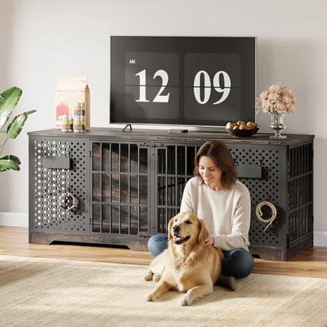 HOOBRO 71" Dog Crate Furniture for 2 Large Dogs, Heavy Duty Indoor Kennel with Removable Divider & Name Tags, TV Stand Cage Furniture for Medium & Large Dogs, Charcoal Gray & Black BC84GW03 HOOBRO