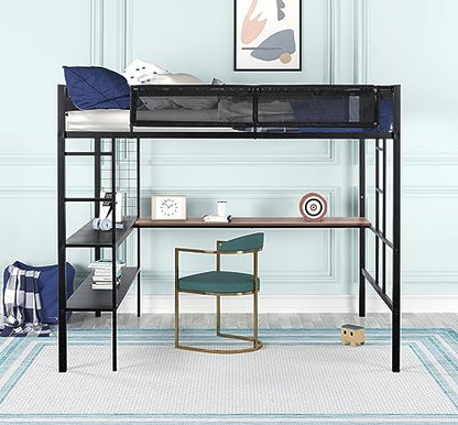 Adigyco Sturdy Metal Loft Bed with Built-in Desk, Shelves & Textilene Guardrails - Black - WoodArtSupply