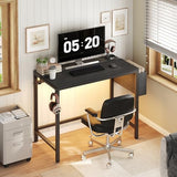 YATINEY Computer Desk with LED Lights, Gaming Desk with Storage Bag and Breathable Mesh Desktop, Home Office Desk with Headphone Hook, for Home Office, Gaming Room, Black and Gray DN07DBB YATINEY