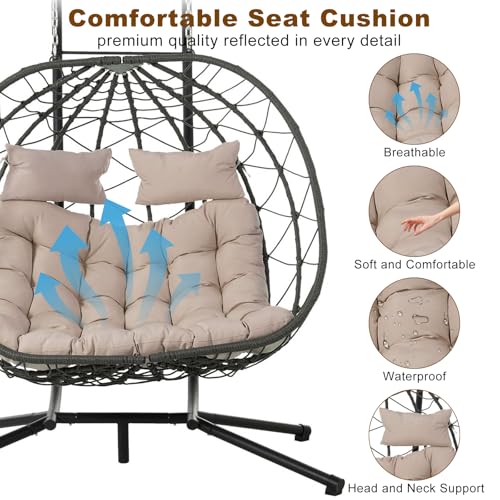 ZOMEYLPO Double Hanging Egg Chair, Hammock Chair with Stand, Swing Chairs with Cushion 700 LBS Capacity for Indoor, Bedroom, Outdoor, Porch, Patio, Beige ZOMEYLPO