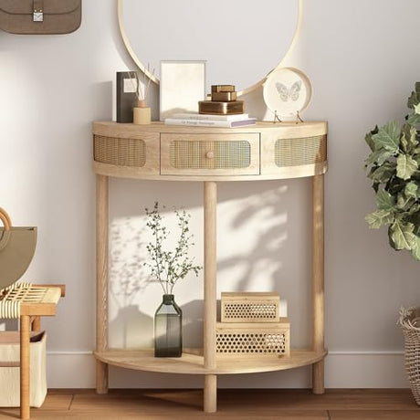 RowyPoey Rattan Half Moon Console Table-Modern Small Entryway Table with Rattan Drawer and Storage Shelf, Boho Farmhouse Wood Sofa Table for Living Room Hallway Foyer Sofa Side, Natural RowyPoey