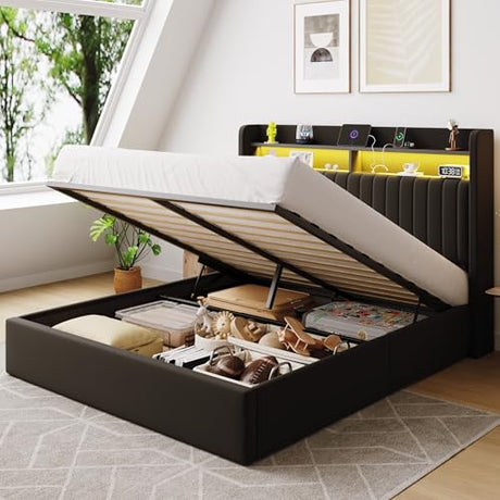 SHA CERLIN Queen Size Lift Up Storage Bed Frame/LED Lights/Charging Station/2-Tier Shelves Headboard/USB,Type-C Ports/Velvet Upholstered/Hydraulic Support/No Box Spring Needed/Noise Free/Black SHA CERLIN