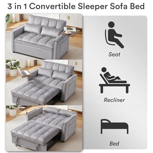 Rovibek Futon Sofa Bed Pull Out 3 in 1 Sleeper Sofa Couch Bed Convertible Sleeper Loveseat with Side Table & Reclining Backrest, Pillows and Pockets, for Living Room Apartment Office Rovibek
