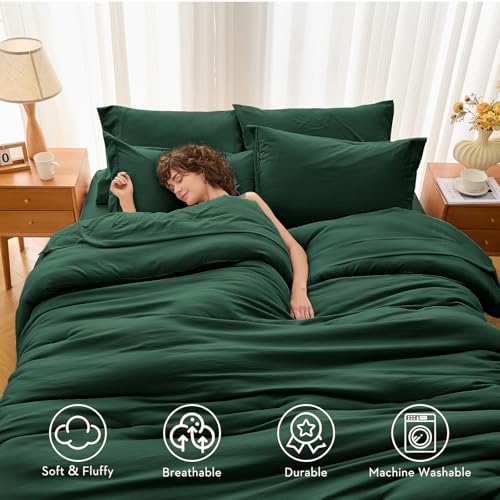 MUXHOMO 7 Pieces Queen Comforter Set, Soft Bed in a Bag Queen Size, All Season Bedding Set with Comforter, Flat Sheet, Fitted Sheet, Pillowcases & Shams, Dark Emerald Green