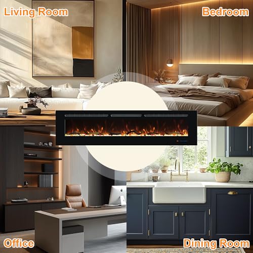Carsynflame Electric Fireplace 65 in, Wall Mounted & Recessed Electric Fireplace Inserts, Remote & Touch Screen Control, 169 Flame Color Combinations, Timer& Thermostat Fireplace Heater, 1500W, Black Carsynflame