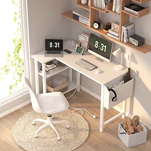 Lufeiya White L Shaped Computer Desk with Power Outlet Shelves, 40 Inch Small Corner Desk for Small Space Home Office, L-Shaped Desk PC Desks, White Lufeiya