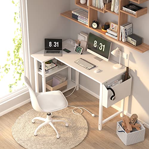 Lufeiya White L Shaped Computer Desk with Power Outlet Shelves, 40 Inch Small Corner Desk for Small Space Home Office, L-Shaped Desk PC Desks, White - WoodArtSupply