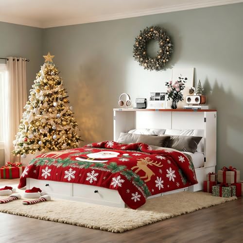 ijuicy Full Size Murphy Bed with Mattress & Extra Large Drawers, Multifunctional Cabinet Bed with USB Charging Station, Farmhouse Murphy Beds Chest for Home (Mattress Included, White & Brown) ijuicy