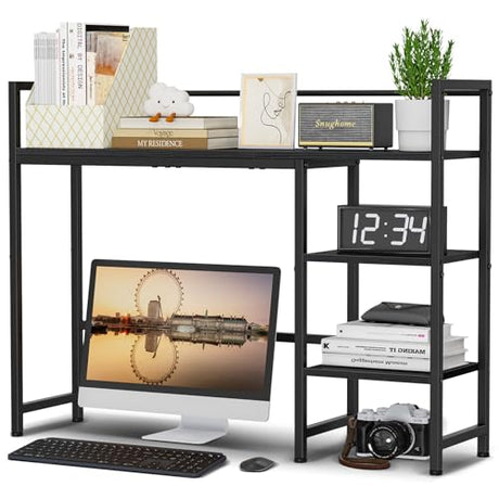 Snughome Desk Shelf, 38.6" Desk Hutch for Computer Monitor, Desktop Organizer Shelf, 4 Tier Desk Display Rack, Wood Desktop Bookshelf Storage Rack for Home Office Dorm, Black Snughome