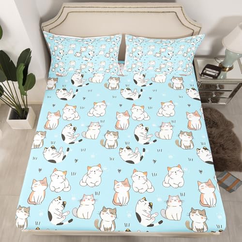 Erosebridal Cat Sheet Sets King, Kawaii Garfield Persian Cat Flat Sheet for Kids Boys Girls, Paw Print Love Heart Bed Sheets, Cartoon Animals Soft Fitted Sheet 4 Pieces, Blue Erosebridal