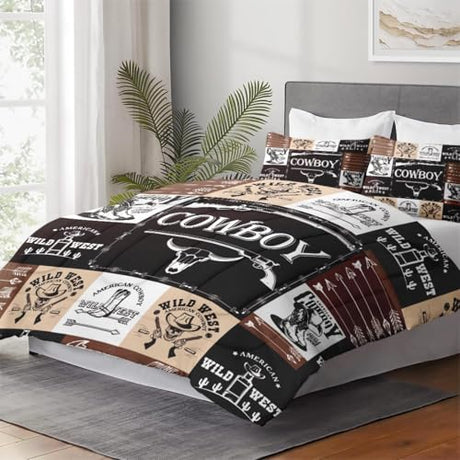 WeCozy Full Size Comforter Set with 2 Pillowcases, Country Retro Animal Soft 3 Pcs Bedding for Kids and Adults, Vintage Cowboy Western Comforter Set for Bedroom Bed Decor WeCozy