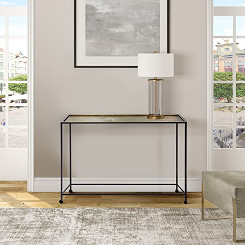 The Urban Port Aurelia 48-Inch Console Sofa Table, Artisanal Hammered Antique Bronze Tray Top, Industrial Black Iron Frame The Urban Port