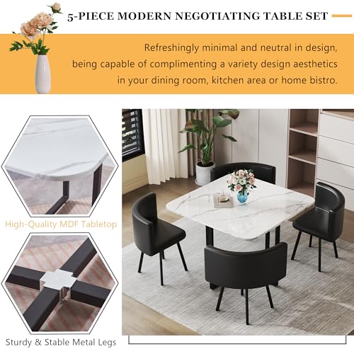 ModaWhly 39" Square Dining Table Set for 4, Space-Saving Negotiating Table Set with 4 Upholstered Chairs, 5 Piece Set Marble Tabletop & Black Chair ModaWhly