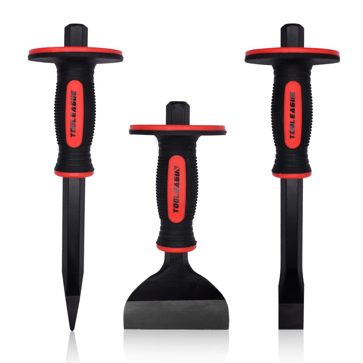 TOOLEAGUE 3Pcs Heavy Duty Masonry Chisel Set, 11-Inch Point & Flat Chisel, 8-Inch Brick Chisel with Hand Protection TOOLEAGUE