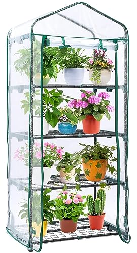 Mini Greenhouse for Outdoors Indoor: Ohuhu Small Green House with 4 Tier Shelves, Portable Plastic Greenhouses with Heavy Duty Transparent PVC Cover for Winter Garden Patio Backyard Porch Balcony Ohuhu