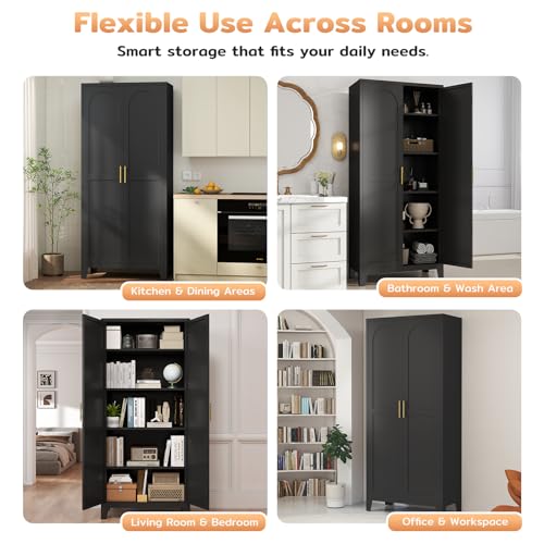 Zevemomo 70.87" H Metal Kitchen Pantry Cabinet, Freestanding Cupboard with 2 Doors and 4 Adjustable Shelves, Tall Metal Storage Cabinet for Kitchen, Bathroom, Dinning Room or Laundry Room （Black） Zevemomo