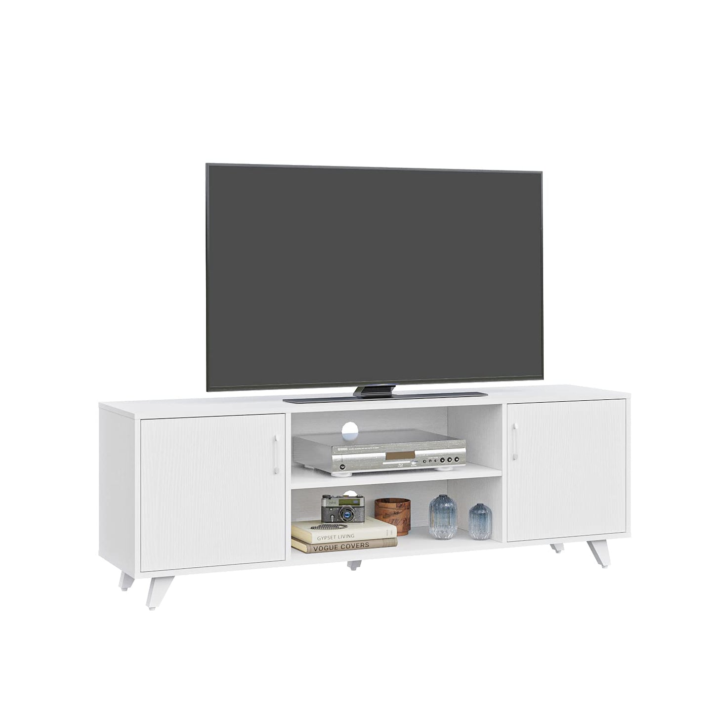 Panana TV Stand Television Stands TV Console Unit with Shelf and 2 Doors Storage Cabinets for Living Room Bedroom for TVs up to 70 Inches (White,62.99 inches)