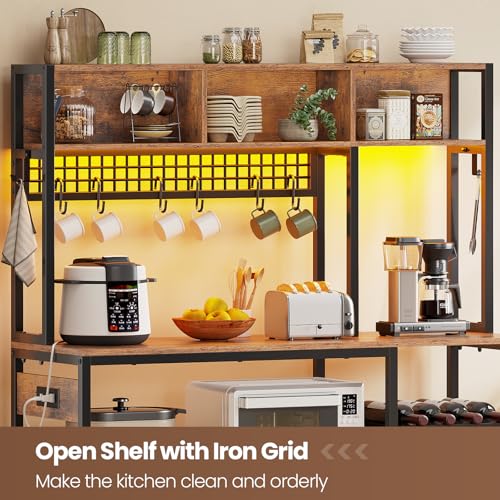 Itaar 47.2 Inch Rustic Brown Bakers Rack with Power Outlet & LED Light - Microwave Stand & Multi-Functional Coffee Bar Cabinet Itaar