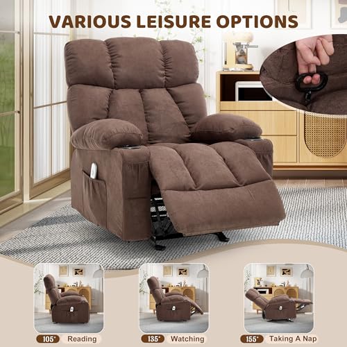 Massage Rocking Recliner Chair, Ergonomic Recliners Sofa with Vibration Massage & Heat, Rocking Chair Nursery Chair for Living Room Lounge with 4 Pockets, 2 Cup Holders, Brown