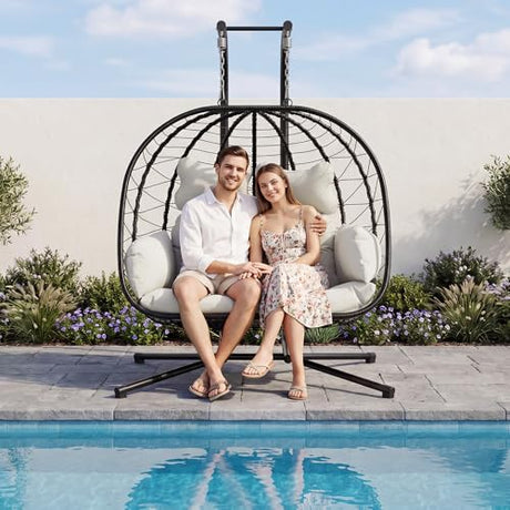 Bifanuo Double Hanging Egg Chair with Stand, Outdoor Indoor Swing Chair with Removable Cushion for 2 Person, Heavy Duty 700LBS Capacity for Patio, Bedroom, Garden (Black-Beige) Bifanuo