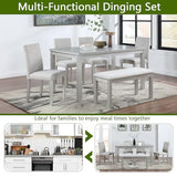 Ball & Cast 6 Piece Dining Table Set,Kitchen Table Set for 6 W/ 58.5" Rectangular Wooden Dining Table,Living Room Furniture W/ 4 Upholstered Chairs & 1 Bench,for Dining Room,Kitchen,Silver Grey Ball & Cast