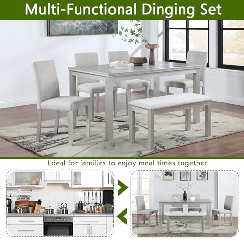 KEIKI 6-Piece Standard Height Dining Table Set with Rectangular Table, 4 Upholstered Chair, Bench, for 6 Person, Crystal Decoration Table Set, Easy Assembly, for Kitchen, Dining Room, Silver Grey KEIKI