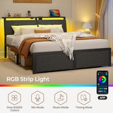 Rolanstar Full Size Bed Frame with Ergonomic Headboard Storage & Charging Station, Upholstered Platform Bed with LED Light & Drawer, Heavy Duty Metal Slats, Noise Free, No Box Spring Needed, Grey Rolanstar
