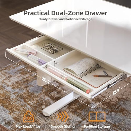 Claiks Glass Standing Desk with Drawers, 40×24 Inch Adjustable Stand Up Desk Quick Install Home Office Computer Desk, White Claiks