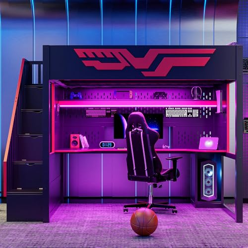 Merax Full Size Gaming Loft Bed with Desk, Wood Loft Bed Frame with LED Light, Charging Station, and Storage Staircase, for Kids, Teens, Boys Girls,Black Merax