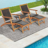 RELAX4LIFE Patio Chaise Lounge Chair Set of 3, Acacia Wood Folding Rattan Wicker Chairs w/Retractable Footrest, Side Table, 3-Piece Outdoor Patio Furniture, Fire Pit Deck Chairs Set for Porch Poolside