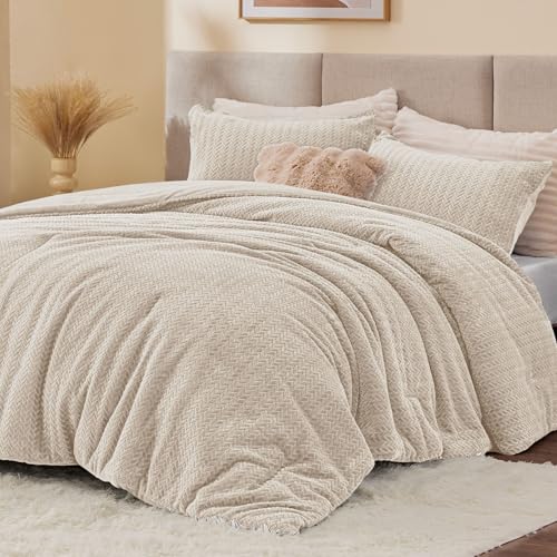 ChiXpace Flannel Fleece Full Comforter Set - Furry Linen Leaves Pattern Faux Fur Bed Set, Winter Ultra Soft Fuzzy Comfort Set, Velvet Bedding Set for Bed with 2 Pillow Cases ChiXpace