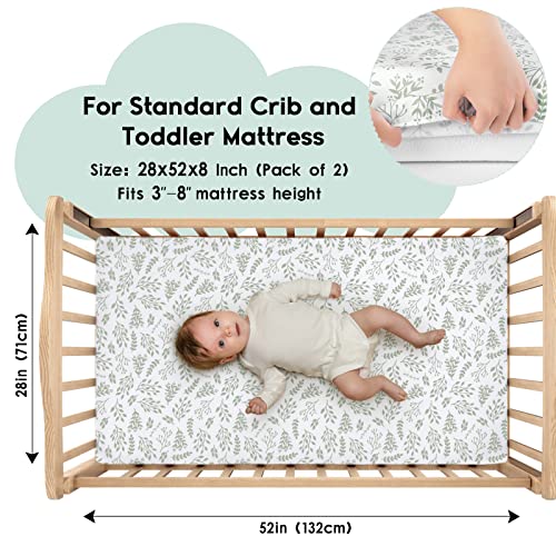 Yoofoss Baby Crib Sheets for Boys Girls, Fitted Crib Sheet 2 Pack for Standard Crib and Toddler Mattress, Super Soft Microfiber Baby Sheet 28x52x8in(Green+Leaf) Yoofoss