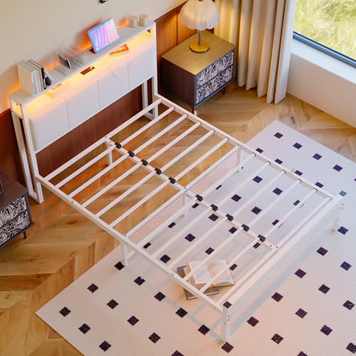 VECOCHO Full Size Bed Frame with LED Lights,Upholstered Headboard with Storage Shelves&Charging Station, Heavy Duty LED Bed Frame Full Mattress Foundation No Box Spring Needed, Noise Free,White VECOCHO