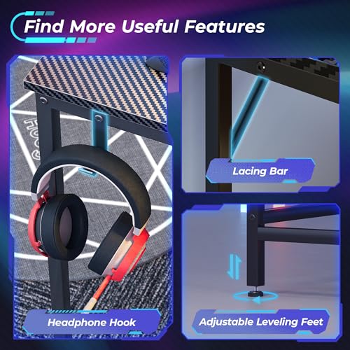 Huuger L Shaped Gaming Desk with Power Outlets & LED Lights, Computer Desk with Monitor Shelves, Carbon Fiber Surface, Home Office Desk, Corner Gaming Desk with Hooks, Carbon Fiber Black Huuger