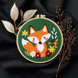 JOZYSH Punch Needle Embroidery Starter Kits for Beginners Cute Cartoon Animal Embroidery Hoops,Color Threads,Instructions and Needles,DIY Adults Embroidery (Fox)