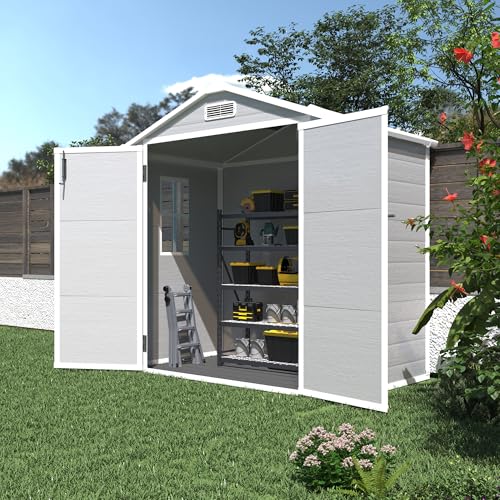 Ball & Cast 6x4.4 FT Resin Weather Resistant Outdoor Storage Shed with Floor and Ventilation & Window,Waterproof Tool Cabinet W/Sloping Roof & Lockable Door,House for Bicycles,Lawnmowers,Light Grey