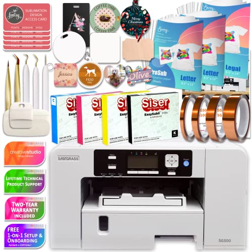 Sawgrass Easysubli SG500 Sublimation Printer Bundle with Inks, 450 Sheets of Paper, Tape, Tools, Blanks, Mega Design Pack, White, SG500-PRNT-BUNDLE-6