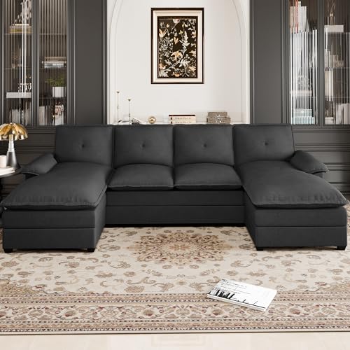 110" Sectional Couches for Living Room,4-Seat U Shaped Couch with Double Chaise,Modular Sofa Couches Sleeper with Thick Cushion & Soft Backrest,Black Shintenchi