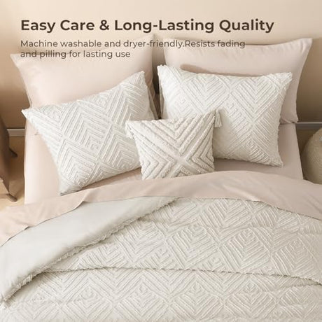 Litanika Beige Full Comforter Set, 3 Pieces Cream Tufted Boho Farmhouse Bedding Comforter Sets, Lightweight Fluffy Comforter Bed Set for All Season (79x90In Comforter and 2 Pillowcases) Litanika