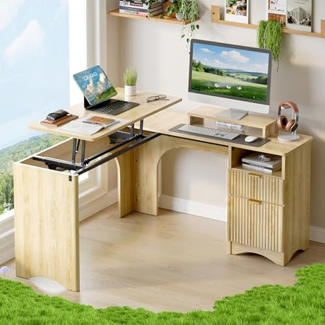 Bestier L Shaped Desk with Lift Desktop, 55 inch Corner Desk with Fluted Panel Deisgn Drawers, Modern Office Desk with File Drawer (Natual Oak, 55'' x 55'' Lift Top) Bestier