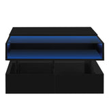 Polibi Lift-Top Coffee Table with Glass Top and High-Gloss Finish,Modern Square Coffee Table with 2 Drawers,Hidden Space and LED Lights for Living Room,Black Polibi